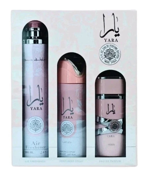 Yara 3-Piece Gift Set: EDP 100ml,Deodorant 200ml,Air Freshener 300ml By Lattafa